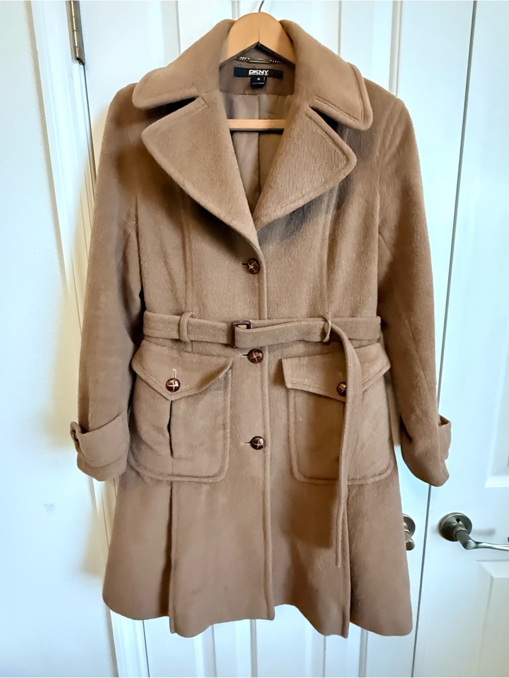 DKNY Camel Trench-Style Wool Blend Belted Coat